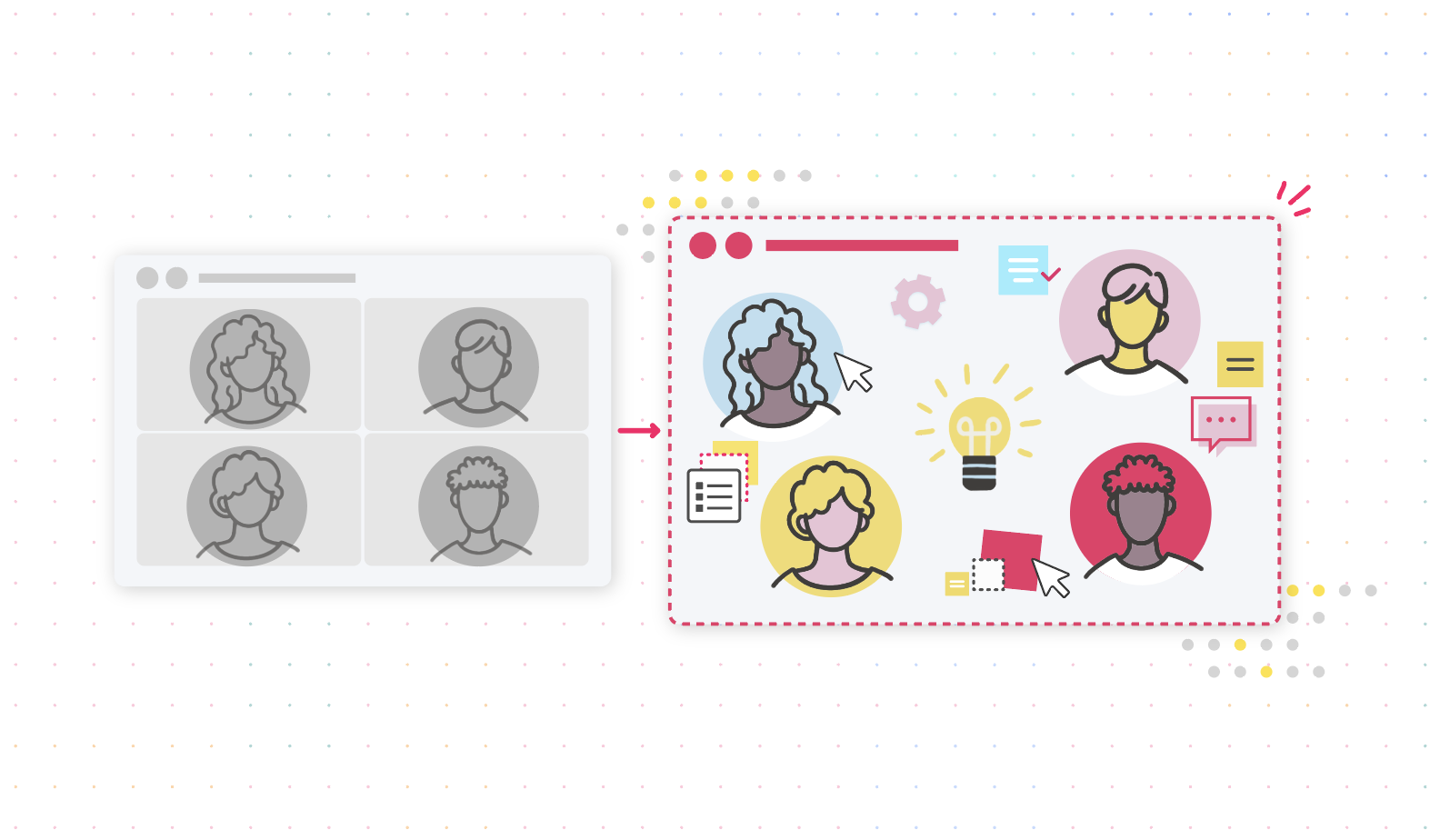black and white video call grid compared to vibrant visual teamwork with MURAL