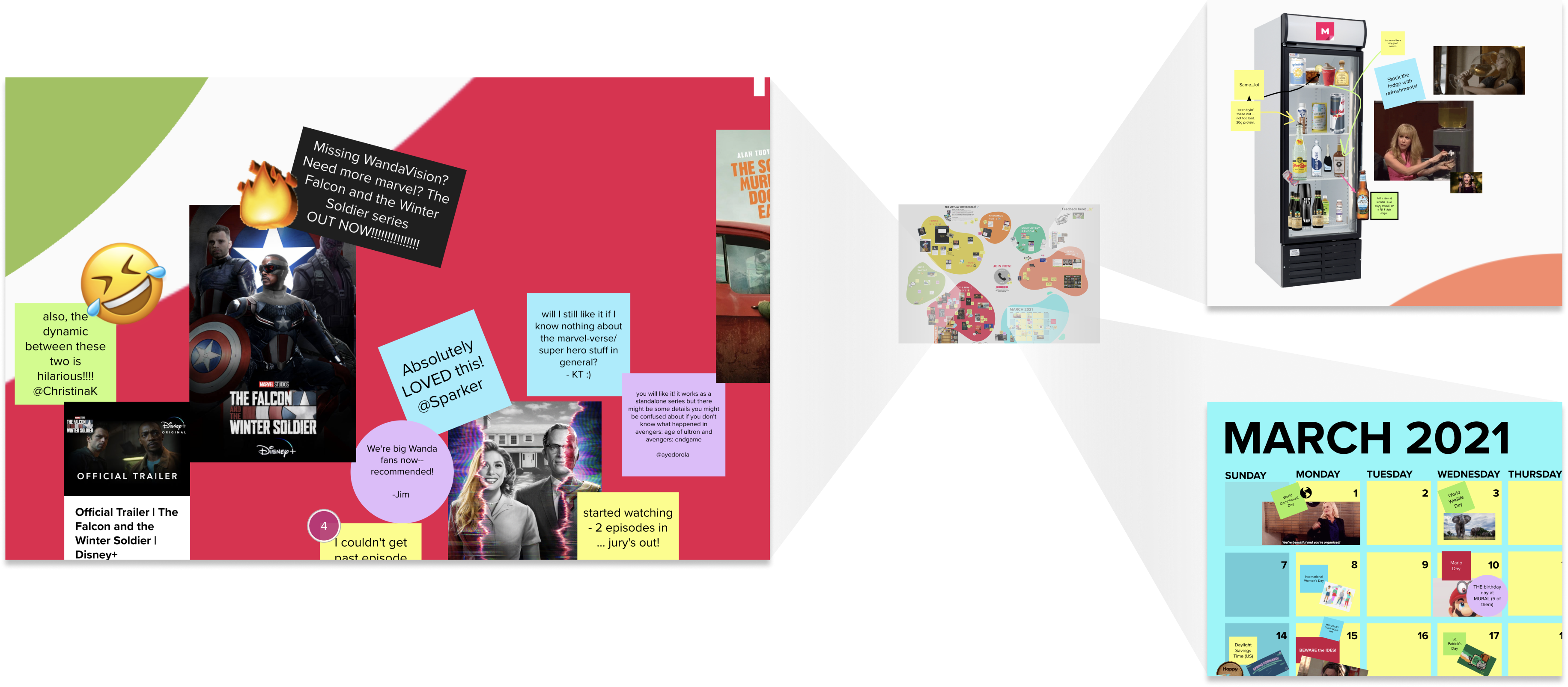 Three close up views of sections of the March virtual water cooler mural — a cropped image of the TV & MOVIES RECS, the virtual refrigerator, and the March 2021 calendar.