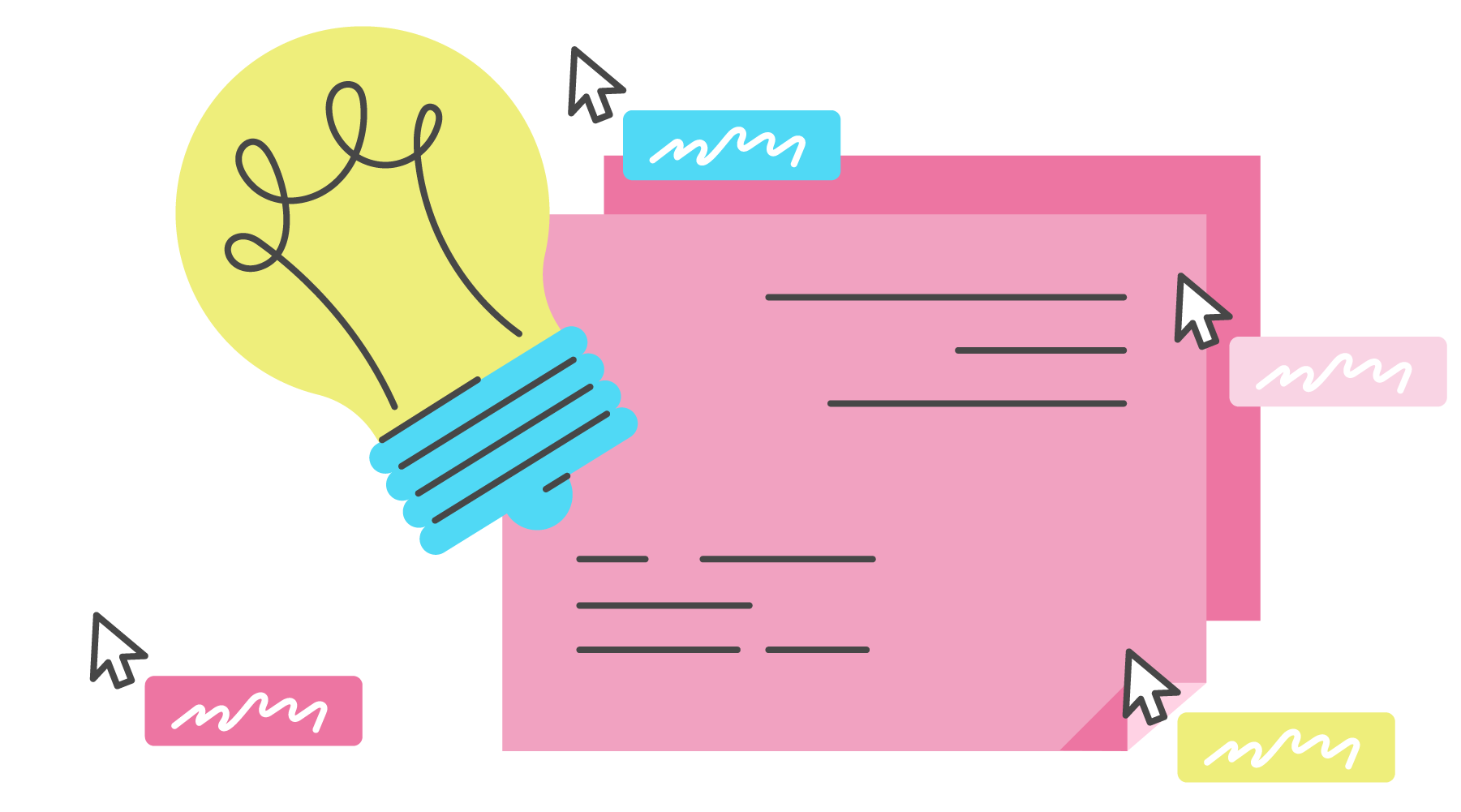 Illustration of a collaboration space with different colored cursors and a lightbulb.