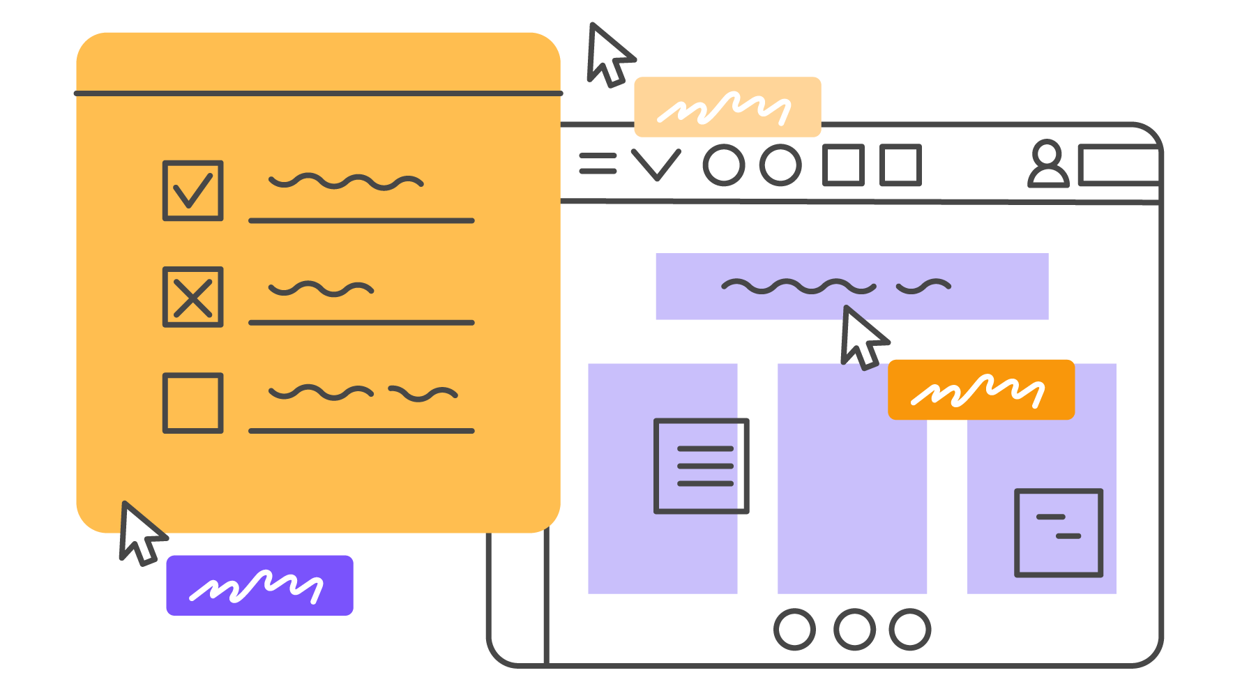 Illustration of a collaboration pace with different colored cursors and a checklist.