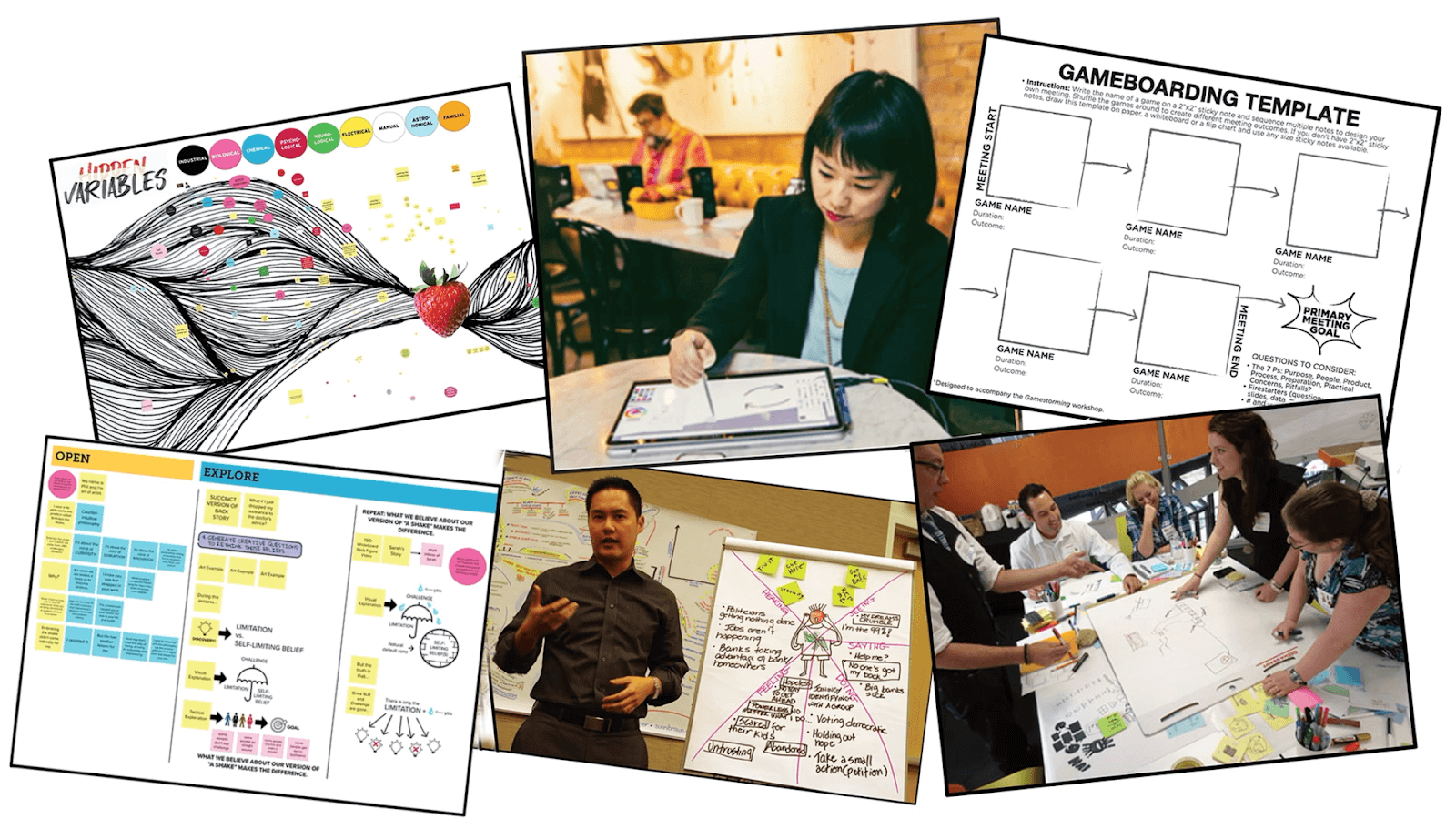 A collage of visual thinking MURAL templates and people leading collaborative experiences with teams.