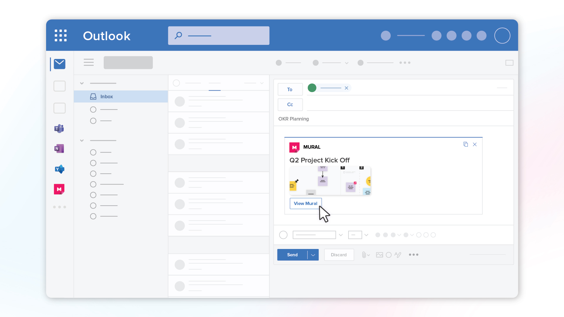 An illustrated Microsoft Outlook screen showing clicking a "view Mural" button within an email.