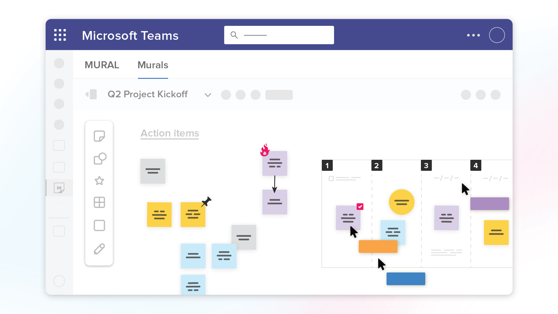 An illustration of a mural open within Microsoft Teams. The mural is a q2 project kickoff workshop.