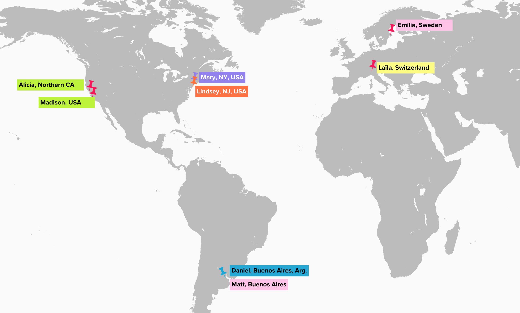 A map of the world with pins showing where team members are located.