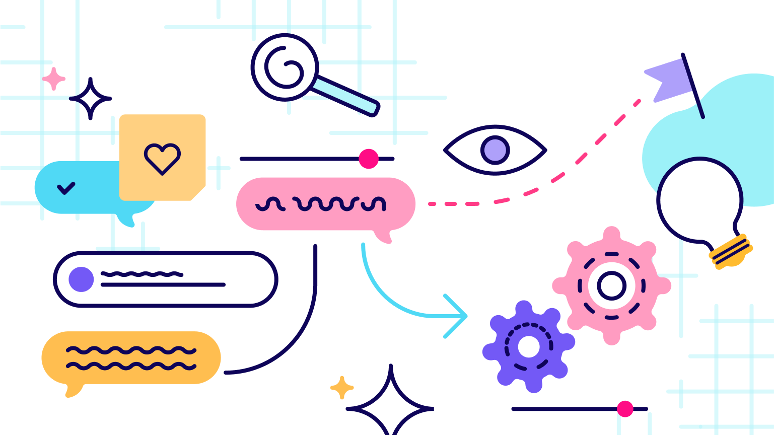 An illustration of icons related to design thinking