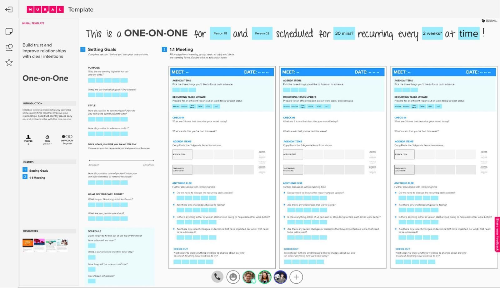 An image of the MURAL one-on-one meeting template