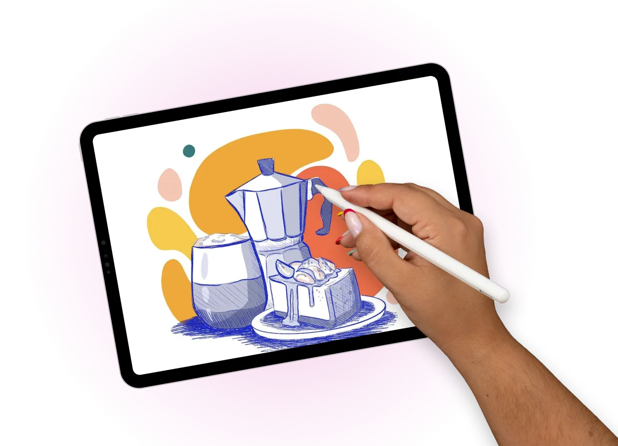 Female hand drawing a teapot on an iPad screen