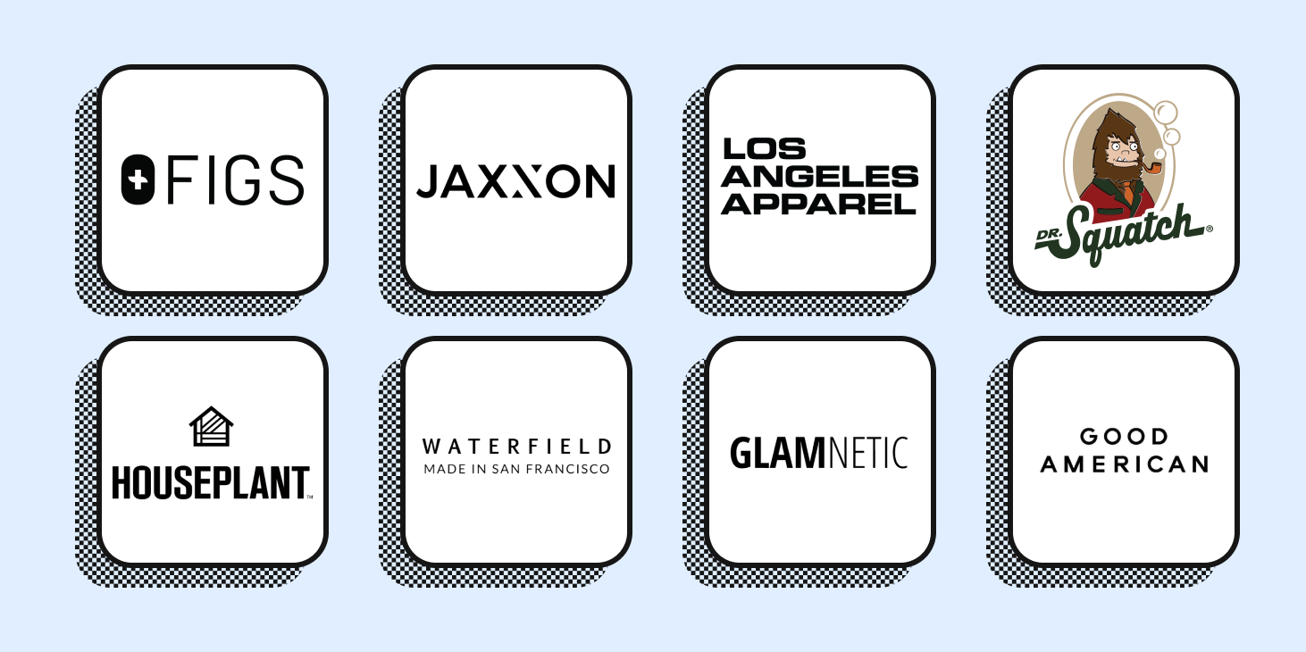 Figs, Jaxxon, Los Angeles Apparel, Dr. Squatch, Houseplant, Waterfield, Glamnetic, aood American's logos.