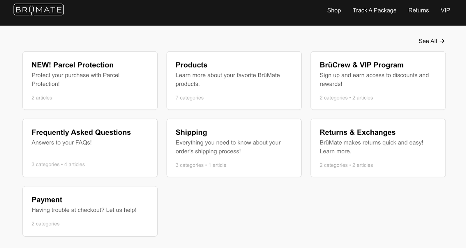 Brumate's FAQ page, which improves CX by answering questions in common categories like Products and Shipping. 