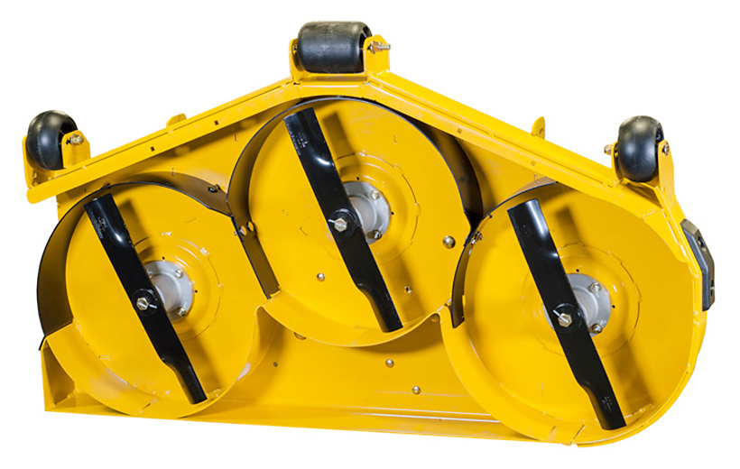 The underside of a yellow mower deck with black curved pieces surrounding one side of the blades