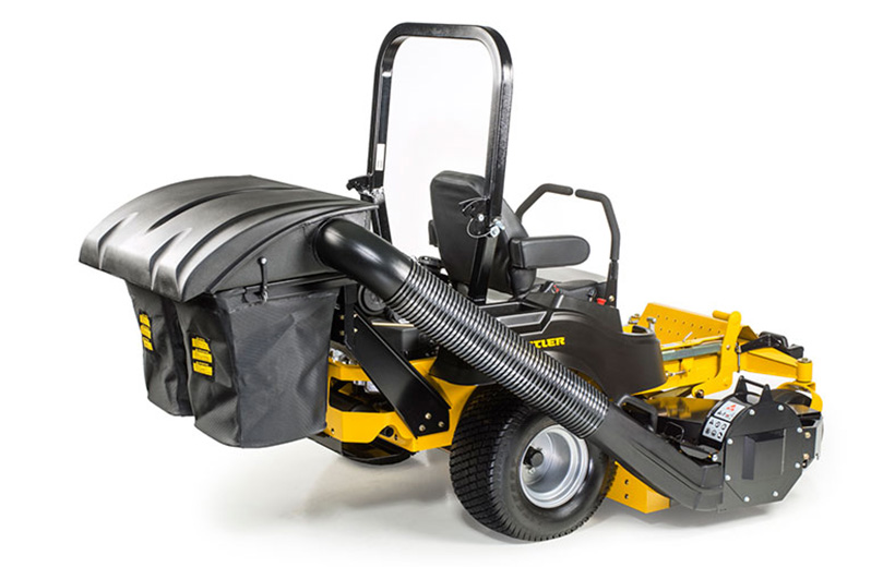 Image of a 2-bag grass catcher mounted on the back of a yellow mower