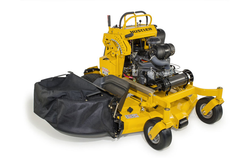 Image of mesh fabric bag mounted to the side of a yellow stand-on mower