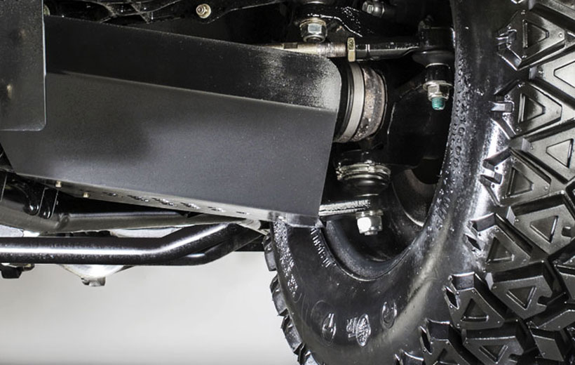 Image of the underside of the front wheel A-Arm on a utility vehicle.