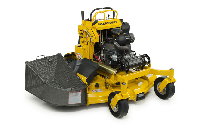 Image of a metal side bagger mounted on a stand on mower