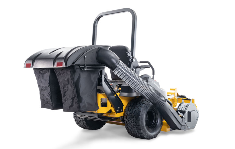 Image of a 2-bag grass catcher mounted on the back of a yellow mower