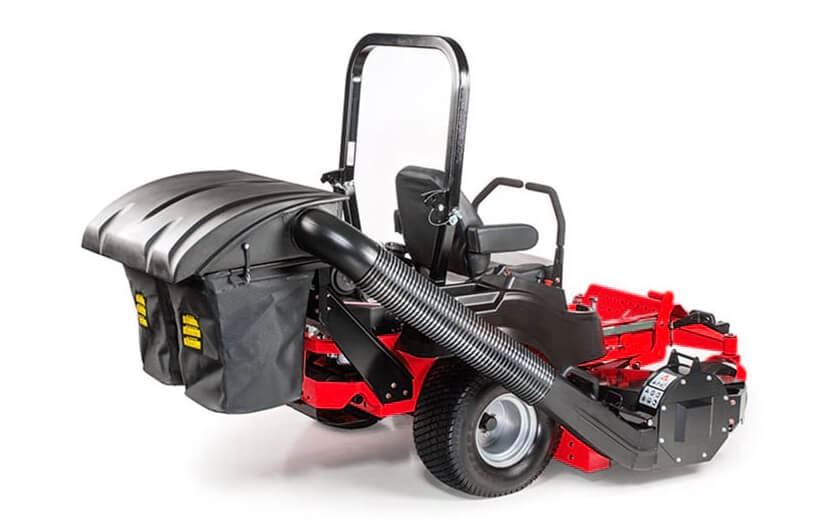 Image of a 2-bag grass catcher mounted on the back of a red mower