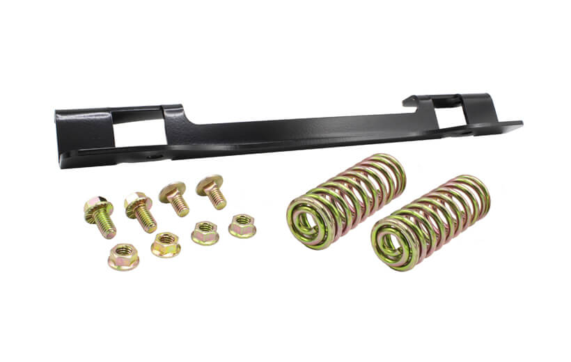 Image of the two springs, four bolts and nuts and a metal piece on a white background
