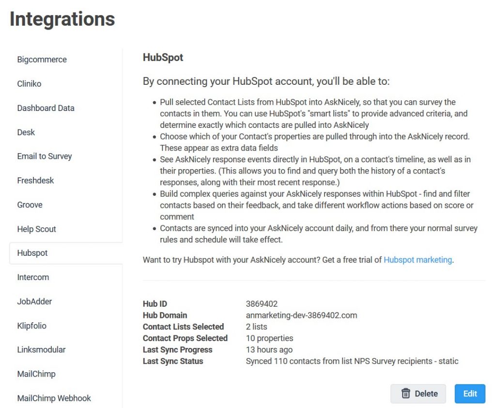 AskNicely NPS Hubspot integration