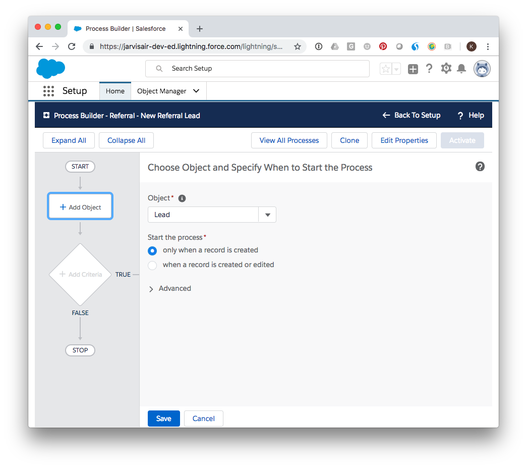 New Process builder process from lead create