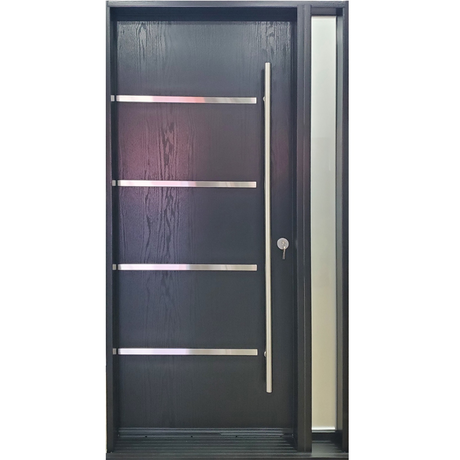 Fiberglass Oak textured Stainless Steel 1" inlays and a sandblasted direct glazed sidelite