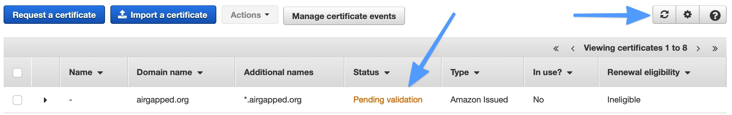 ACM Console Pending Validation