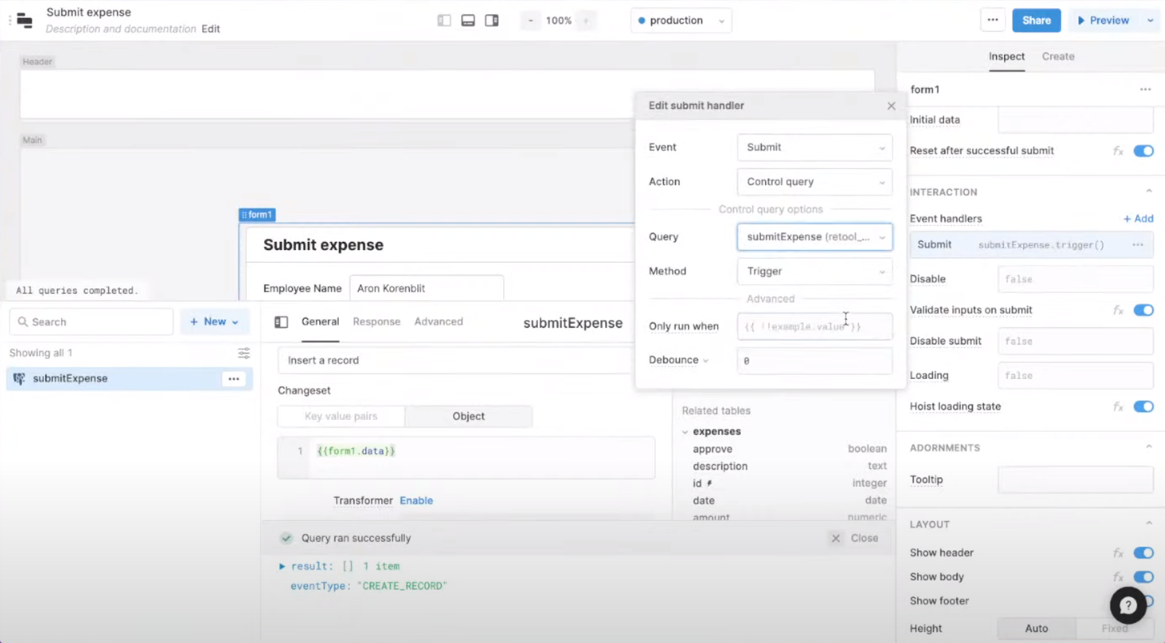 Screenshot showing how to connect the form to a query
