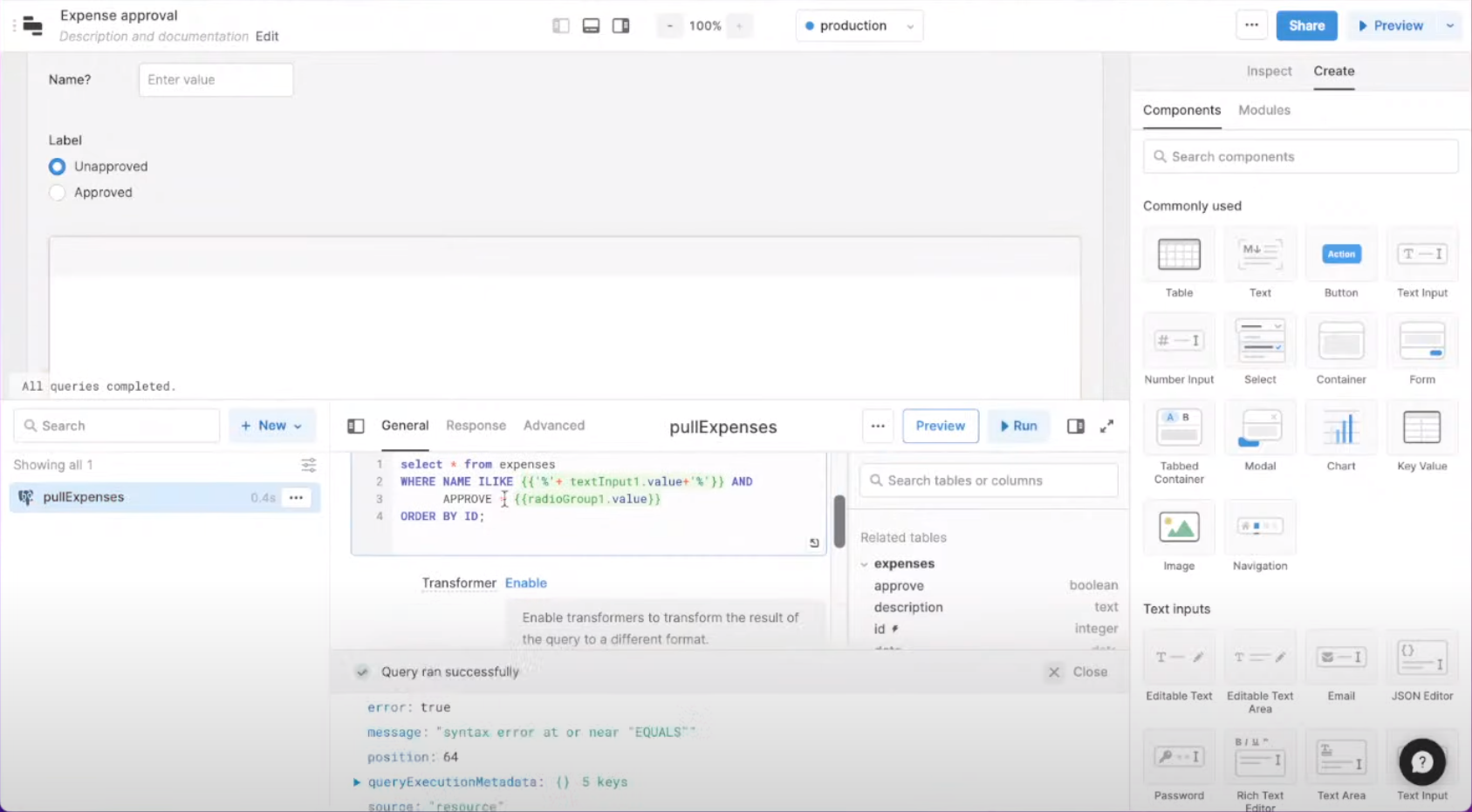 Screenshot showing a filter creation query