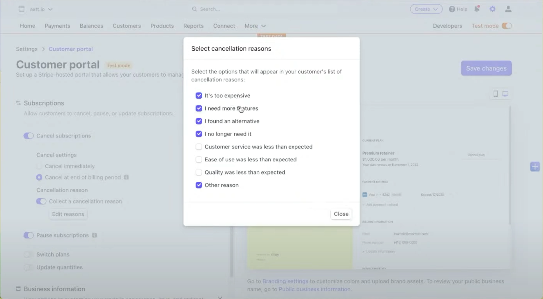 Stream screenshot showing Customer Portal configuration cancellation options in Stripe