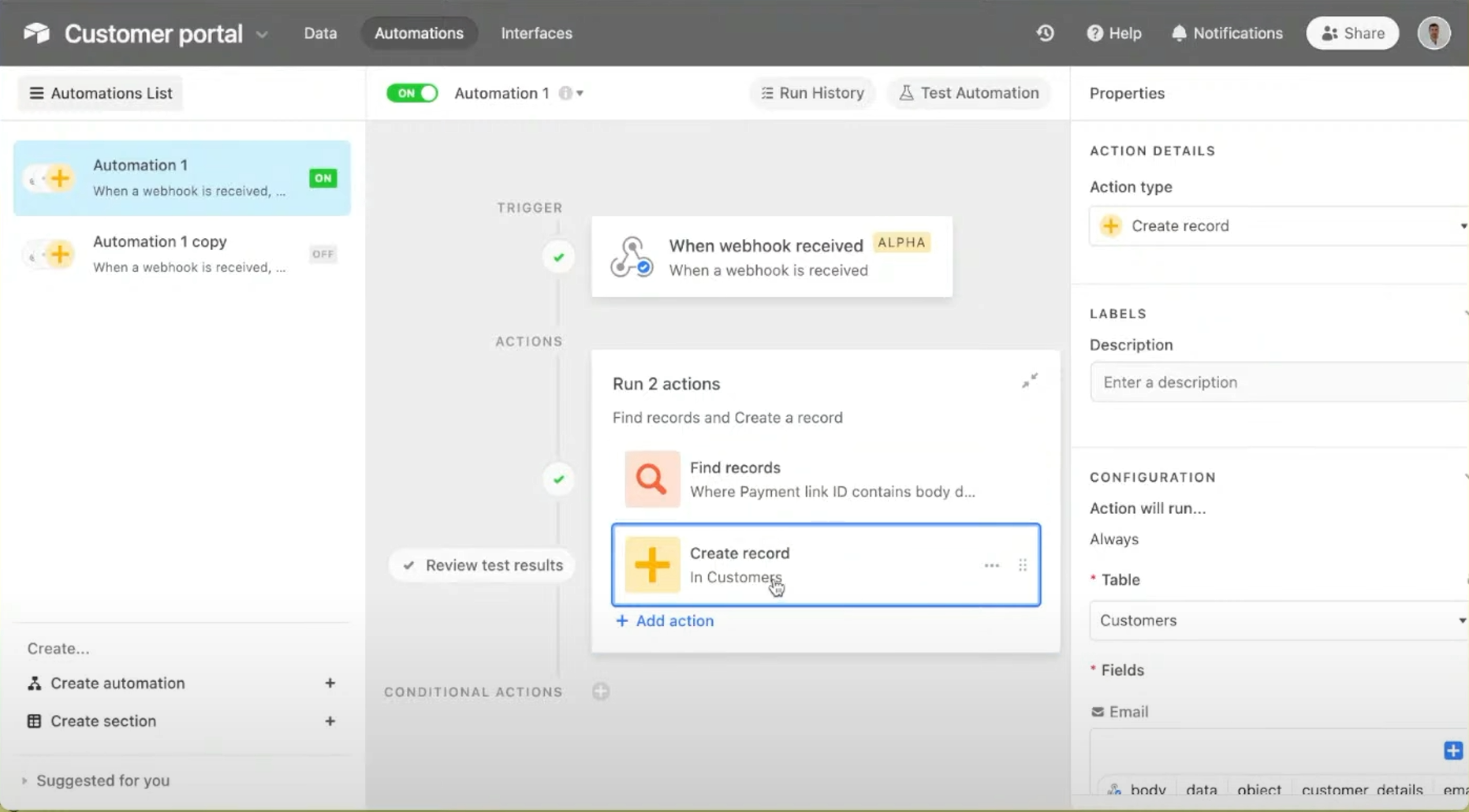 Stream screenshot showing creating a record in Airtable