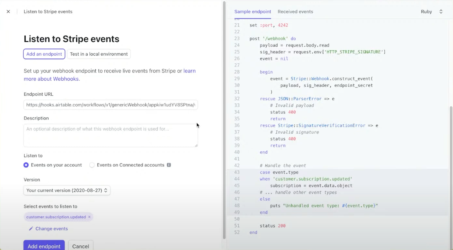 Stream screenshot showing how to create an endpoint in Stripe