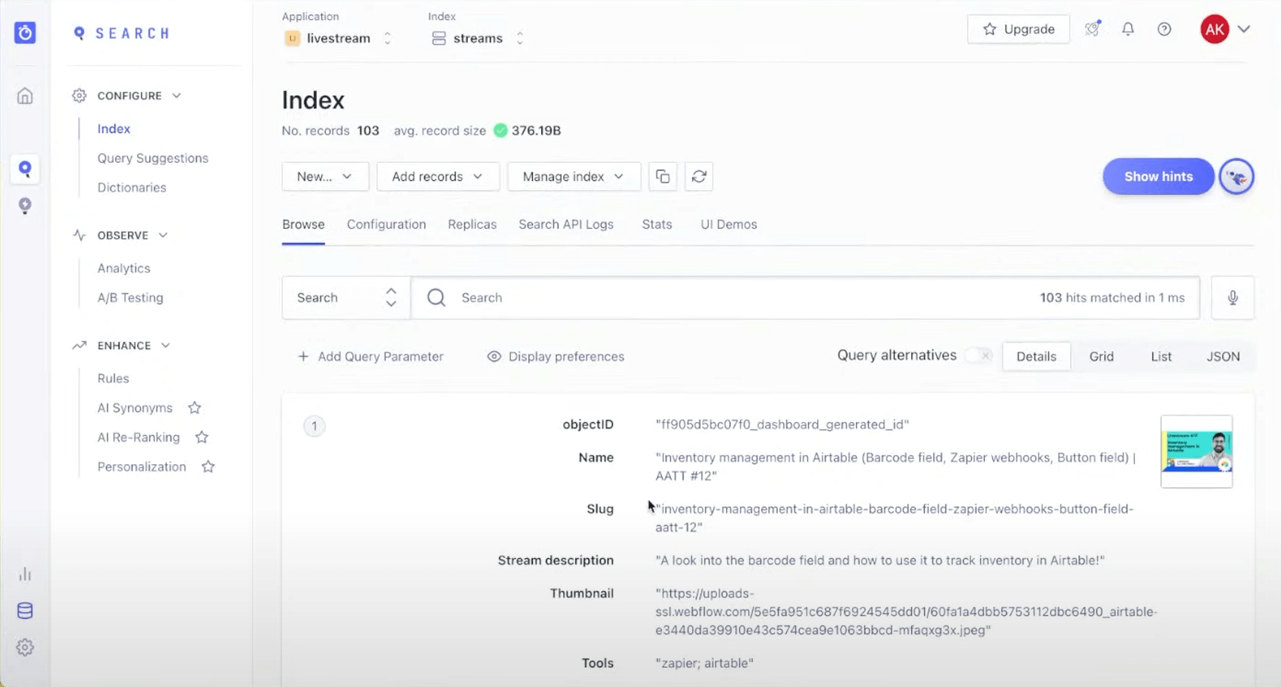 Partial Screenshot of Algolia interface after importing data to be indexed