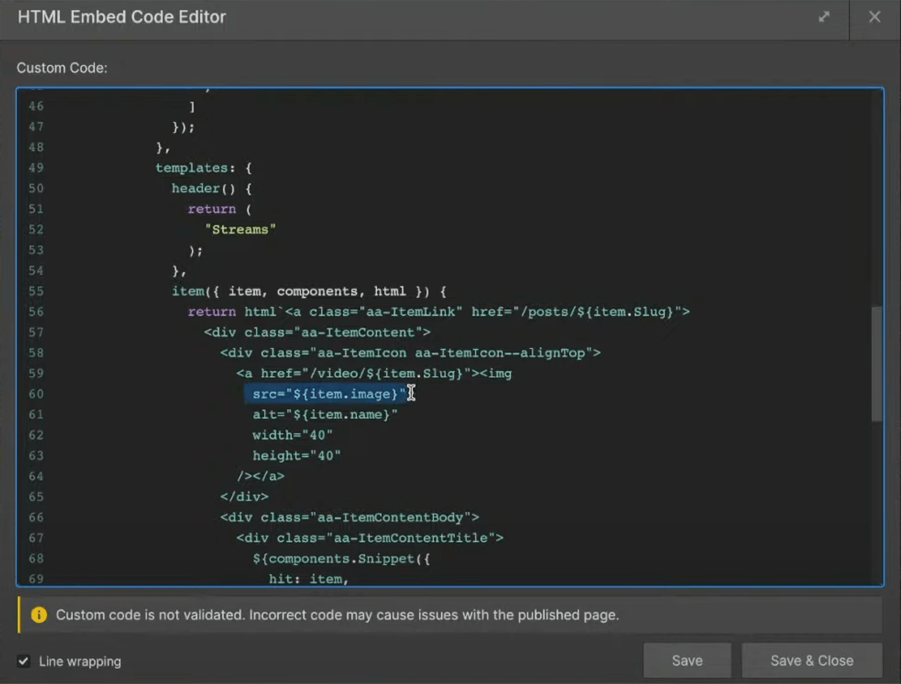 Partial screenshot showing how to update the code snippet