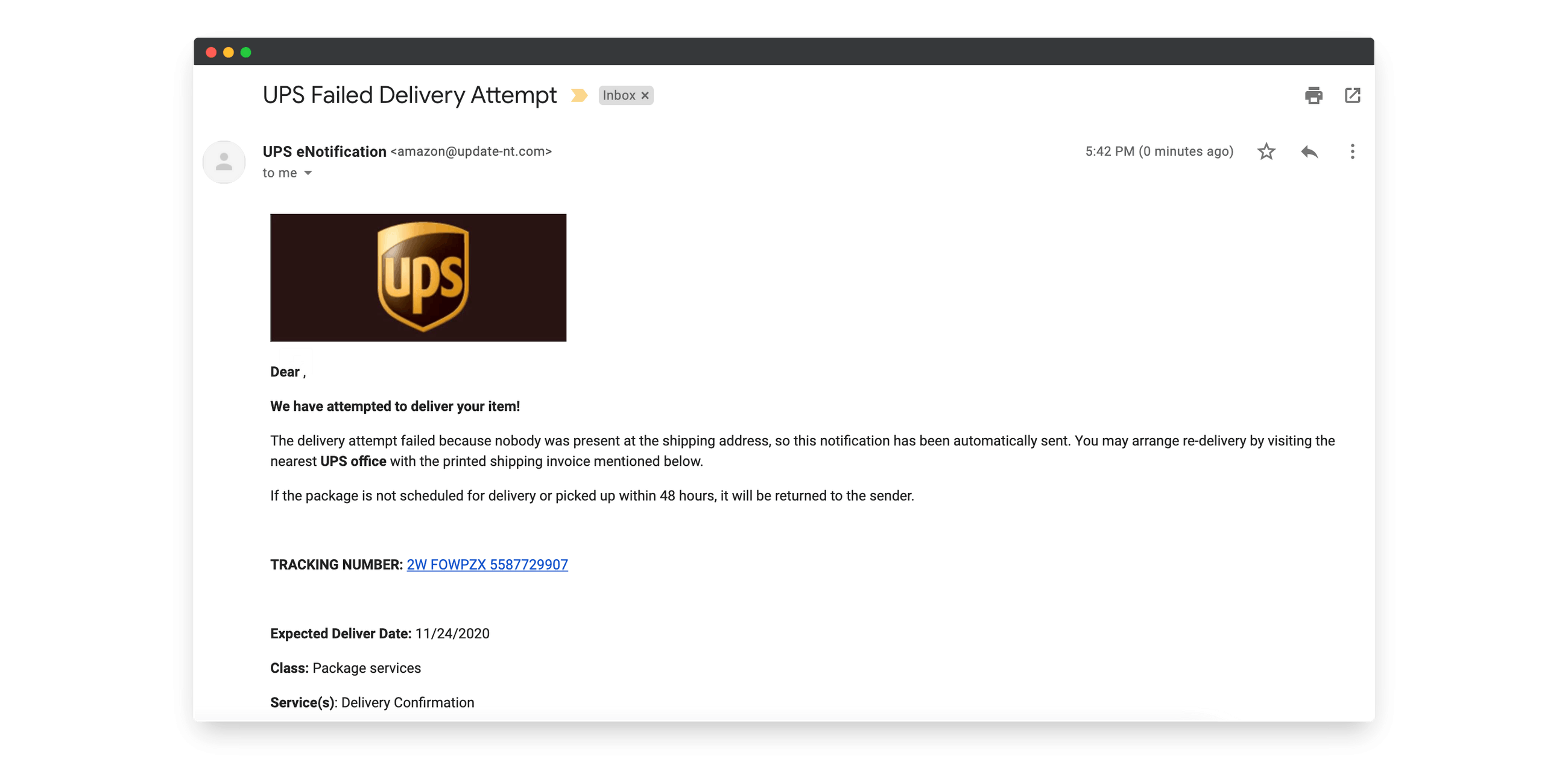 UPS Phishing Email Example Hook Security