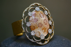22K Recycled Gold and Platinum Blackened Fossilized Coral Bracelet with Ethically Sourced Diamonds, cuff, fossil, organic, mixed metals, nature, one-of-a-kind, flower, hammered, colored stone, one of a kind, colored, flower