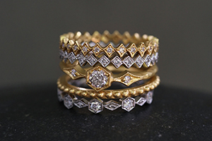 22K Recycled Gold Diamond Stack Band with Ethically Sourced Diamonds, Recycled Platinum Diamond Stack Band with Ethically Sourced Diamonds, 22K Recycled Gold Hexagonal Diamond Ring with Ethically Sourced Diamonds, 22K Recycled Gold Tiny Bead Band, Recycled Platinum Hexagonal/Diamond Band with Ethically Sourced Diamonds, yellow, mixed metal, geo, hex, hexagonal, solitaire, wedding, engagement, narrow, thin, nesting, delicate