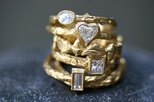22K Gold Oval Branch with Thorn Ring Set with Ethically Sourced Rose Cut Diamond, 22K Gold Branch Heart Ring Set with Ethically Sourced Diamond, 22K Gold Acorn Band, 22K Gold Princess Branch Band Set with Ethically Sourced Diamond, 22K Gold Baguette Branch Band Set with Ethically Sourced Diamond, 22K Gold Branch with Knotholes Band, solitaire, yellow, LOML, love of my life, nesting, wedding, engagement