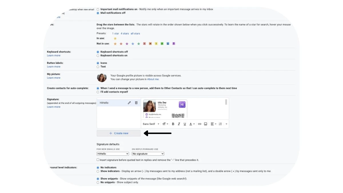 Create a new email signature in GMail