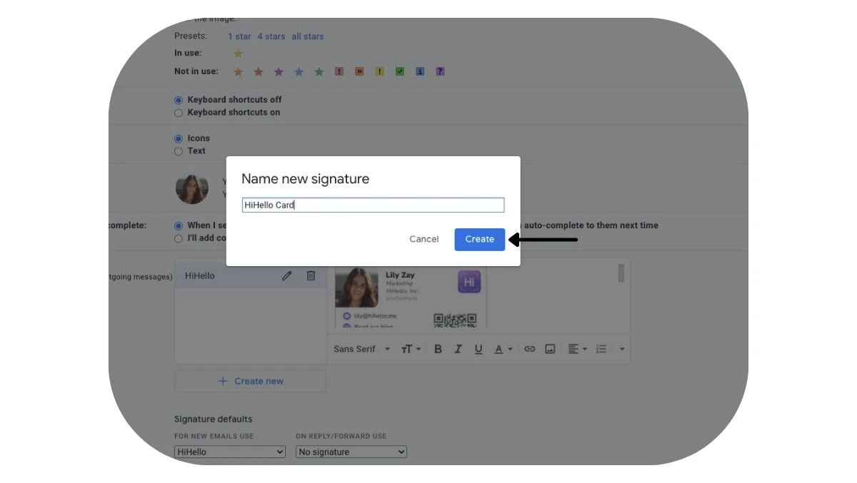"Name new signature" in Gmail email signature settings