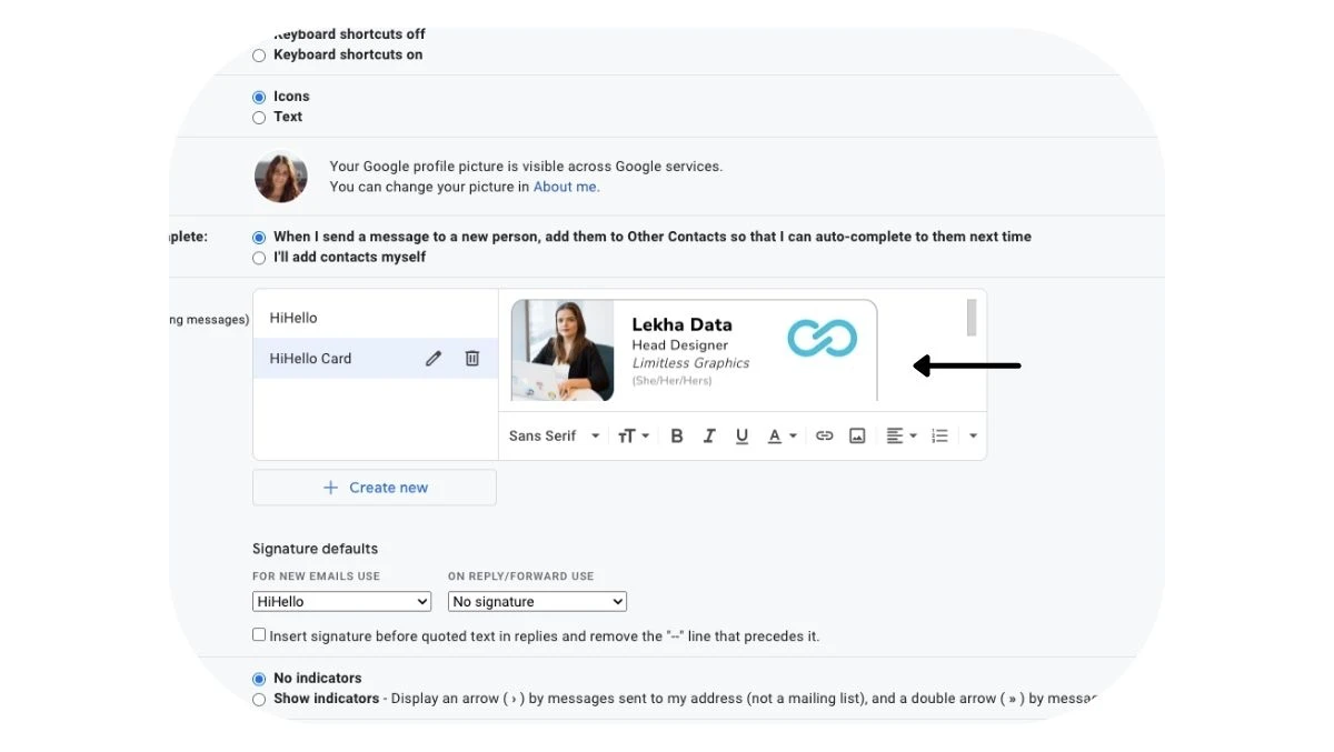 HiHello email signature pasted into Gmail signature box