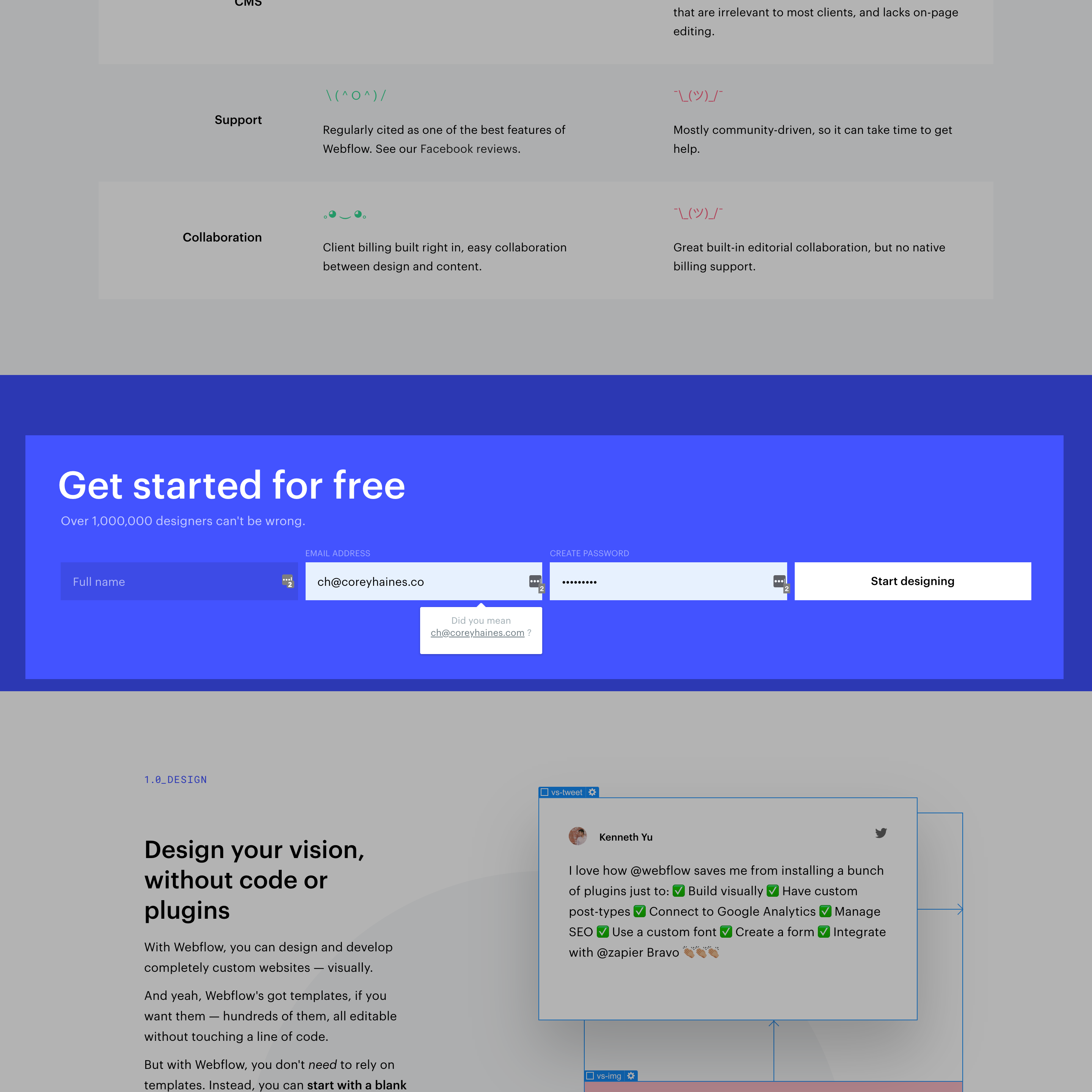 Webflow vs WordPress Comparison Page