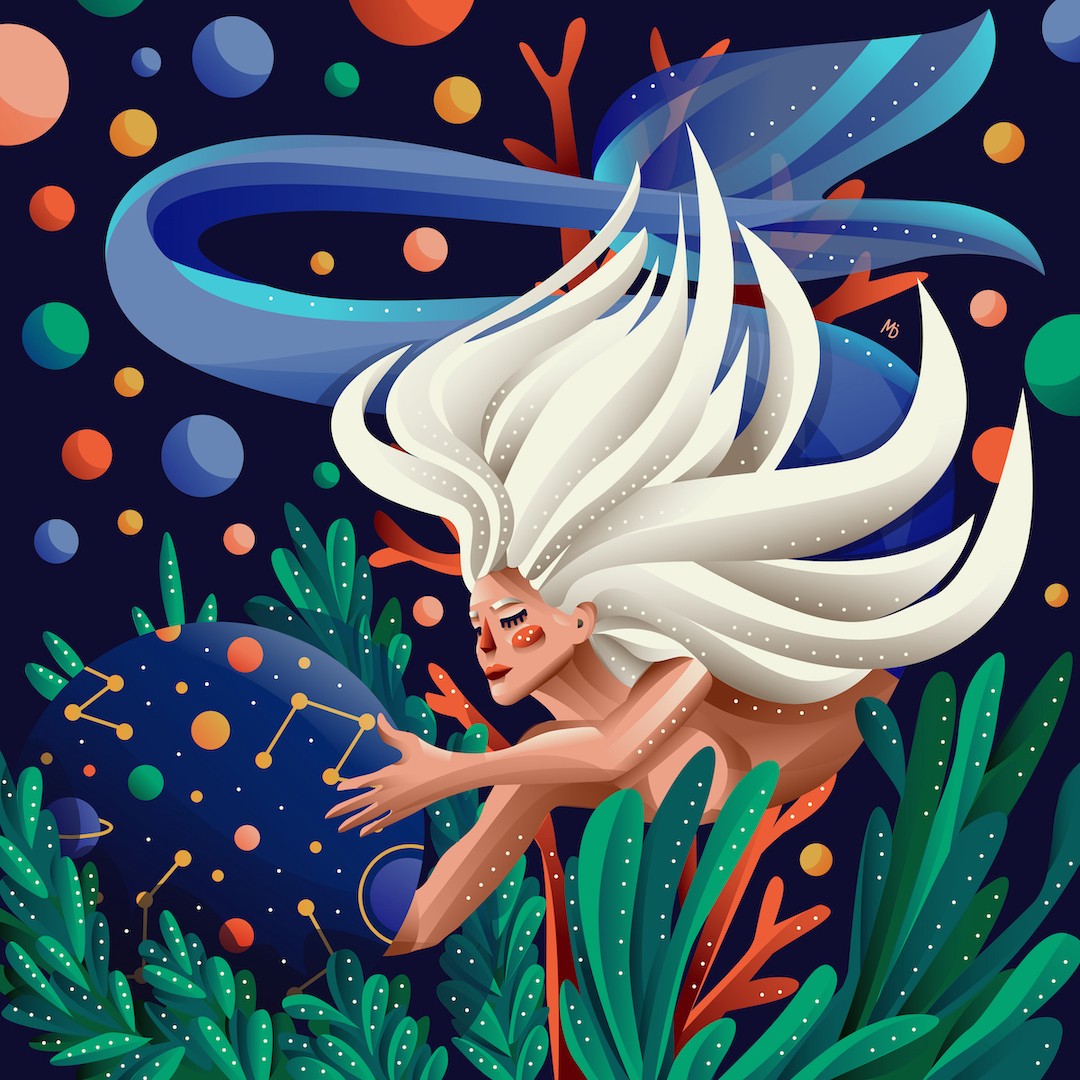 Colorful digital painting of a woman with white hair in space