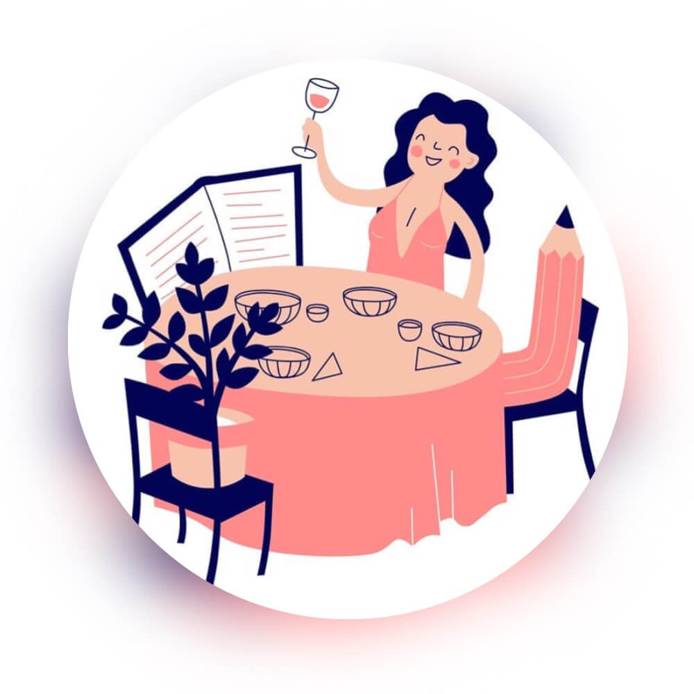  Illustration of a woman toasting at a table set with dishes and a plant