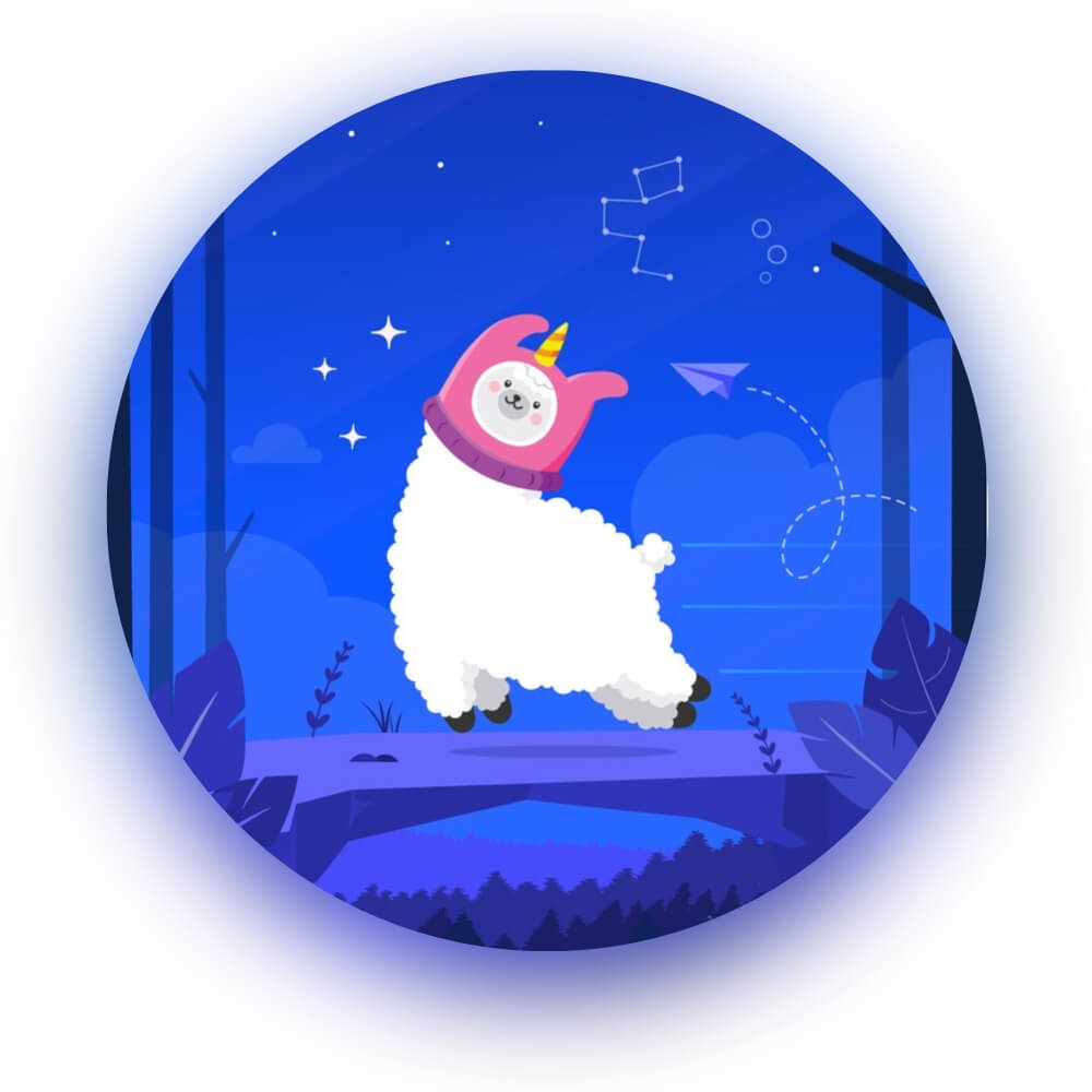 Stylized sheep with a unicorn headband under a starry night sky