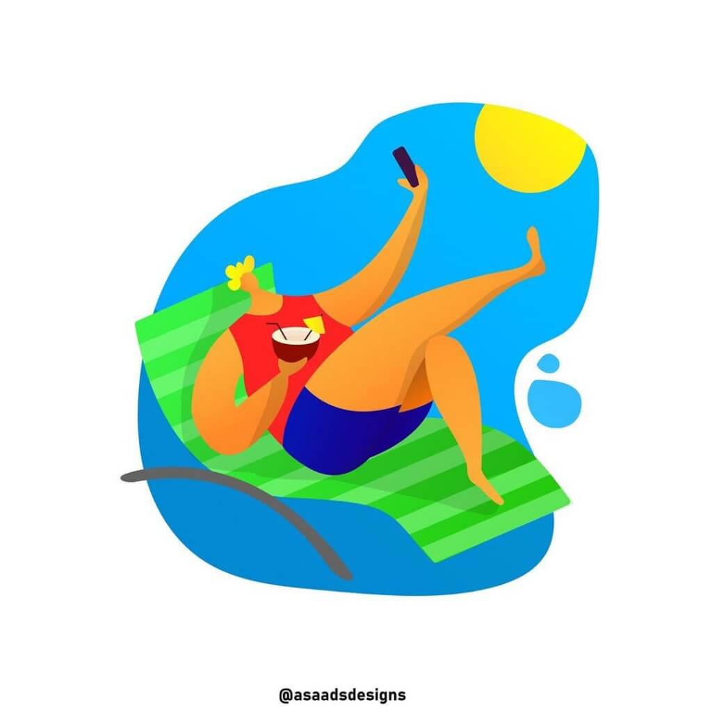 Illustration of a joyful person sunbathing and taking a selfie