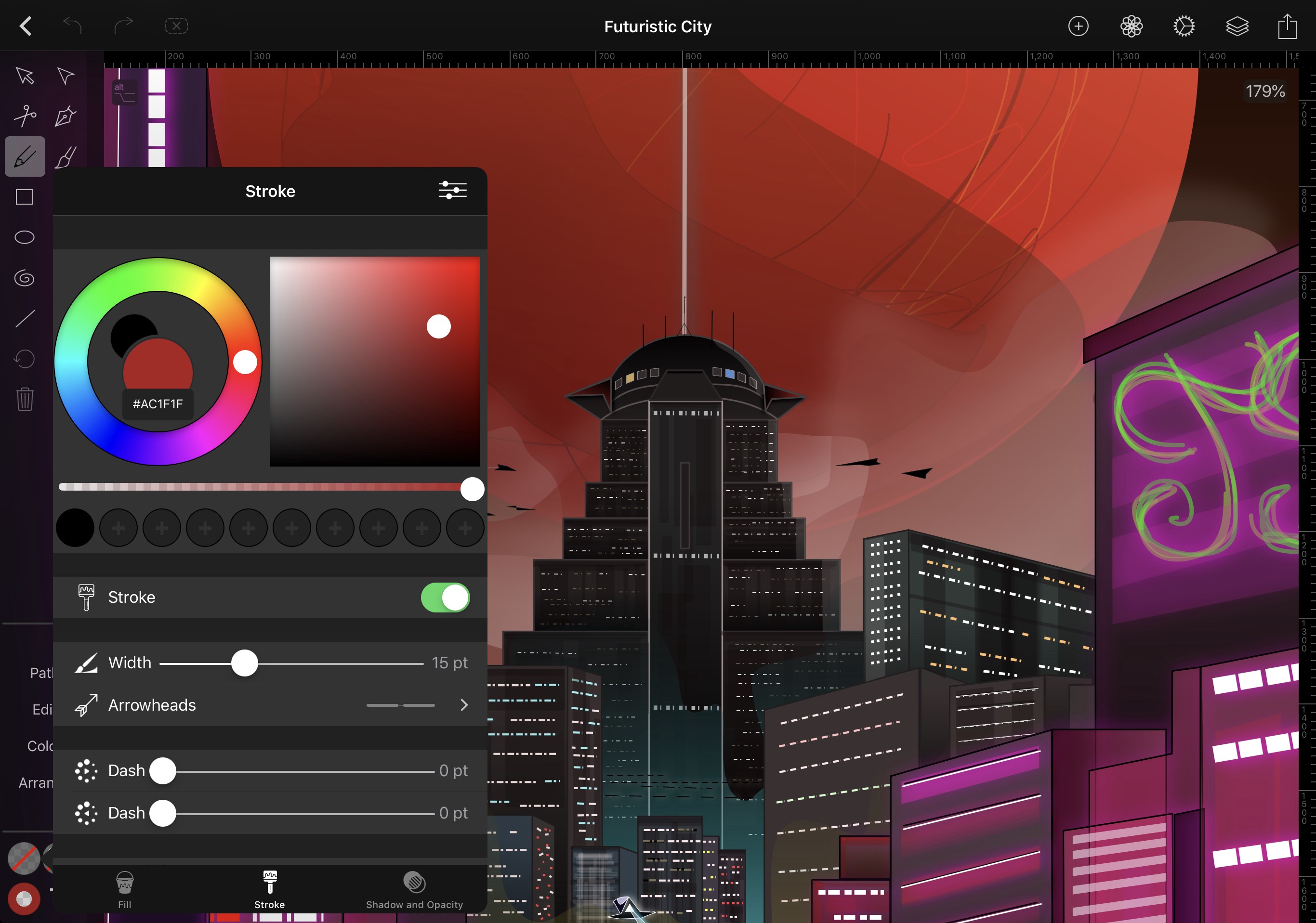 Graphic tablet interface showing a futuristic cityscape illustration