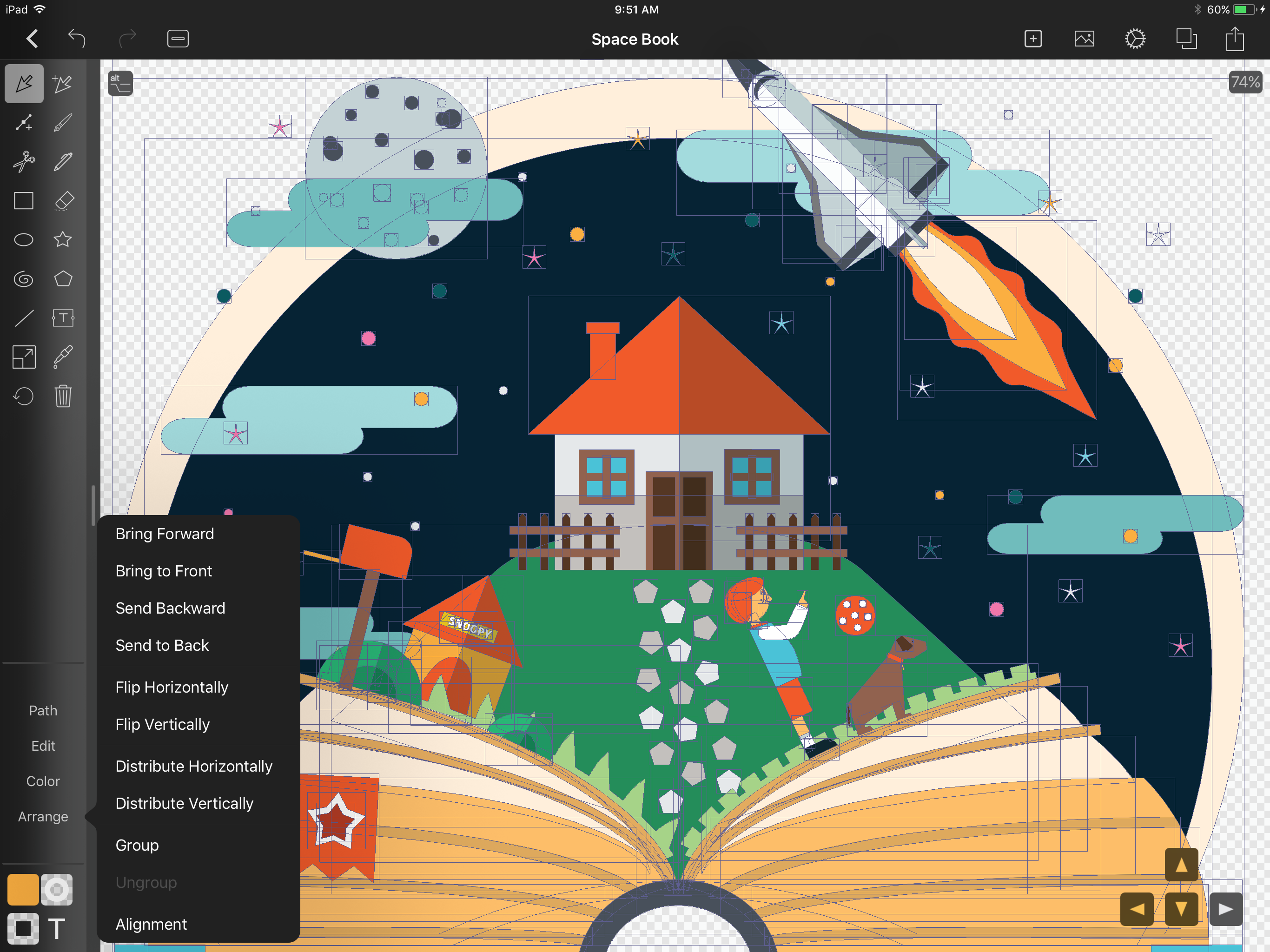 Tablet screen showing a graphic design application with a space-themed book illustration