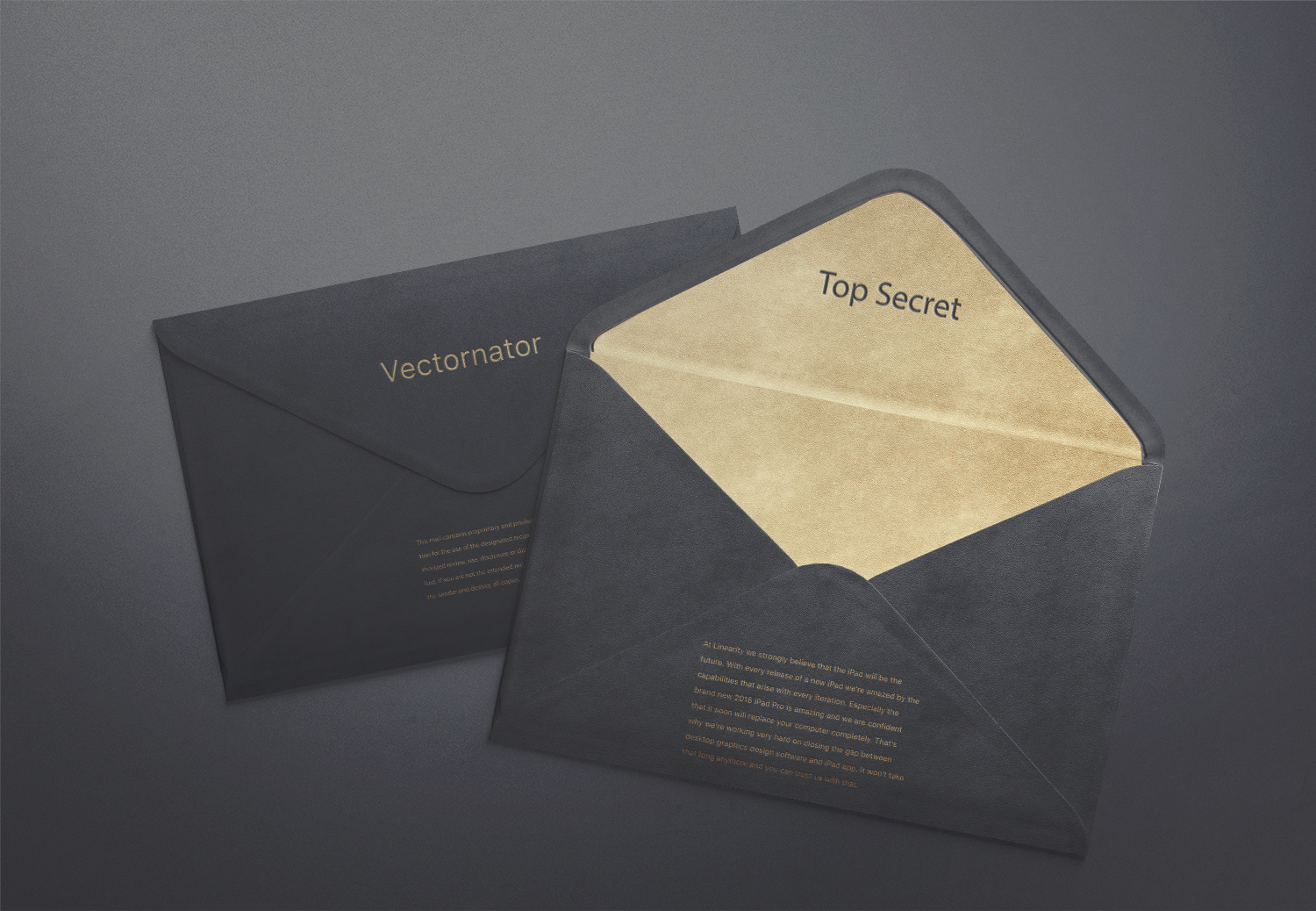 Dark envelopes with 'Top Secret' golden paper peeking out, labeled 'Vectornator'