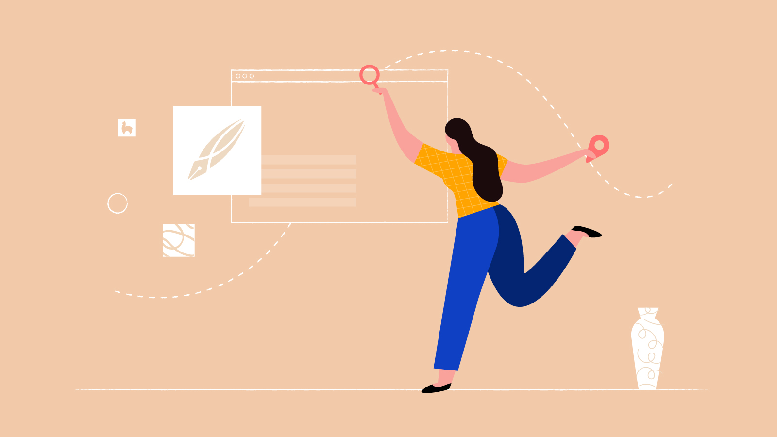 Graphic of a woman interacting with floating design elements, symbolizing creative workflow