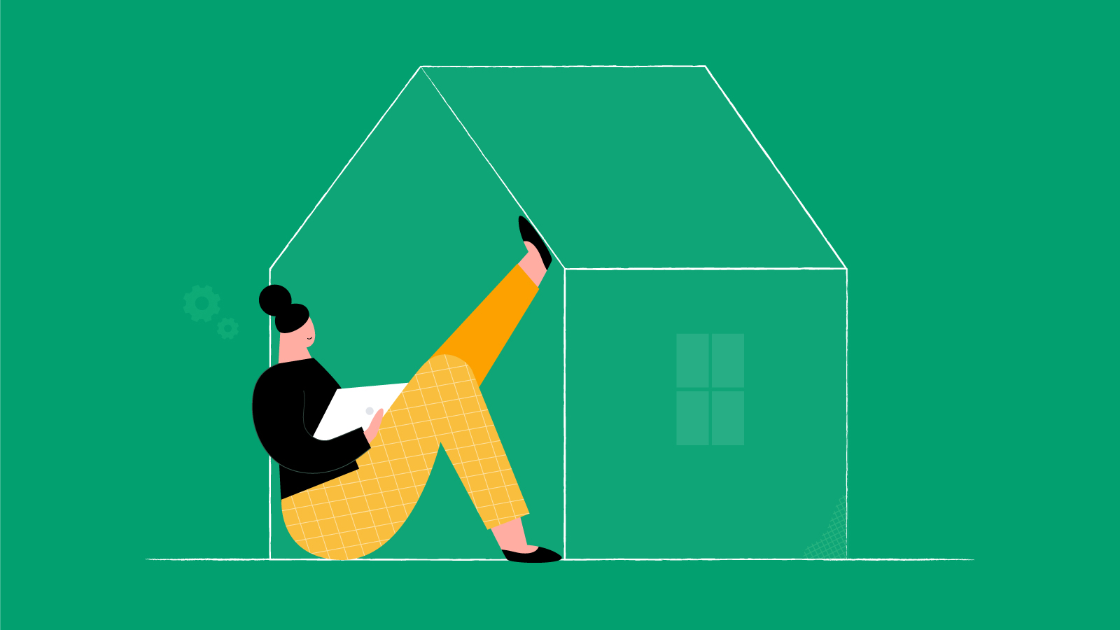 Illustration of a woman sitting inside a line-drawn house outline, working on a laptop