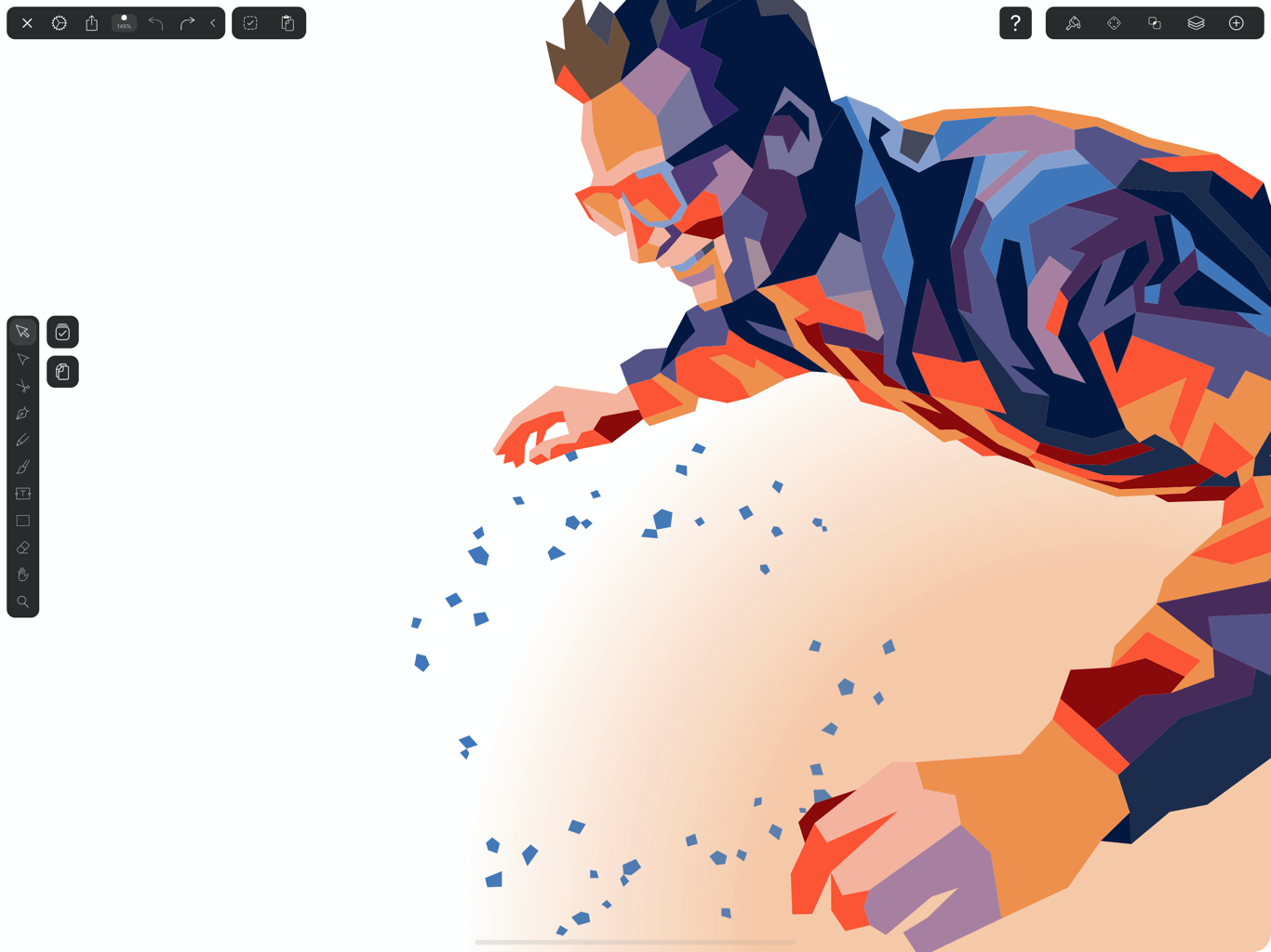 Low-poly illustration of a man in a dynamic flying pose with abstract geometric shapes